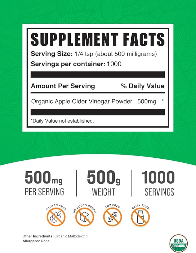 BulkSupplements.com Organic Apple Cider Vinegar Powder - Apple Cider Vinegar Supplement, ACV for