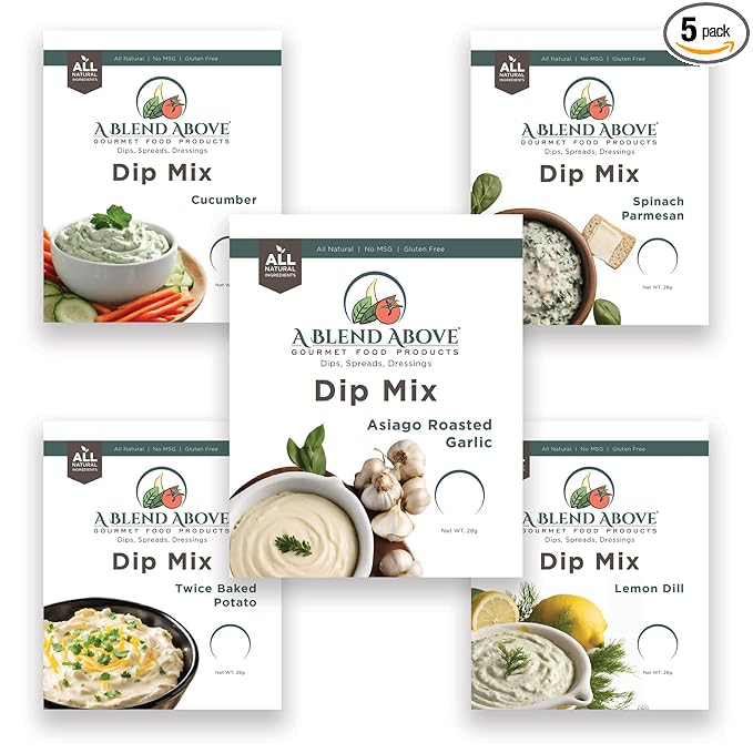 A Blend Above Dip Mix - Cucumber, Lemon Dill, Asiago Roasted Garlic, Spinach Parmesan, and Twice