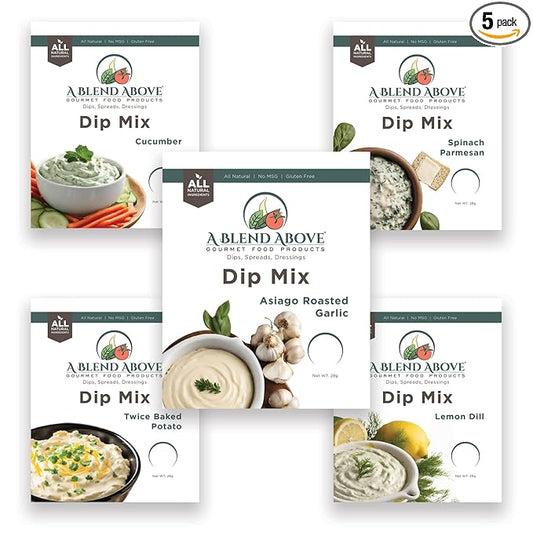 A Blend Above Dip Mix - Cucumber, Lemon Dill, Asiago Roasted Garlic, Spinach Parmesan, and Twice