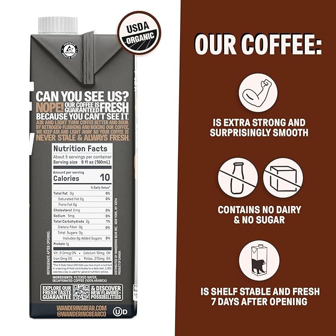 Wandering Bear Decaf Cold Brew Coffee, 32 fl oz, 6 pack - Extra Strong, Bold, Smooth, Unsweetened