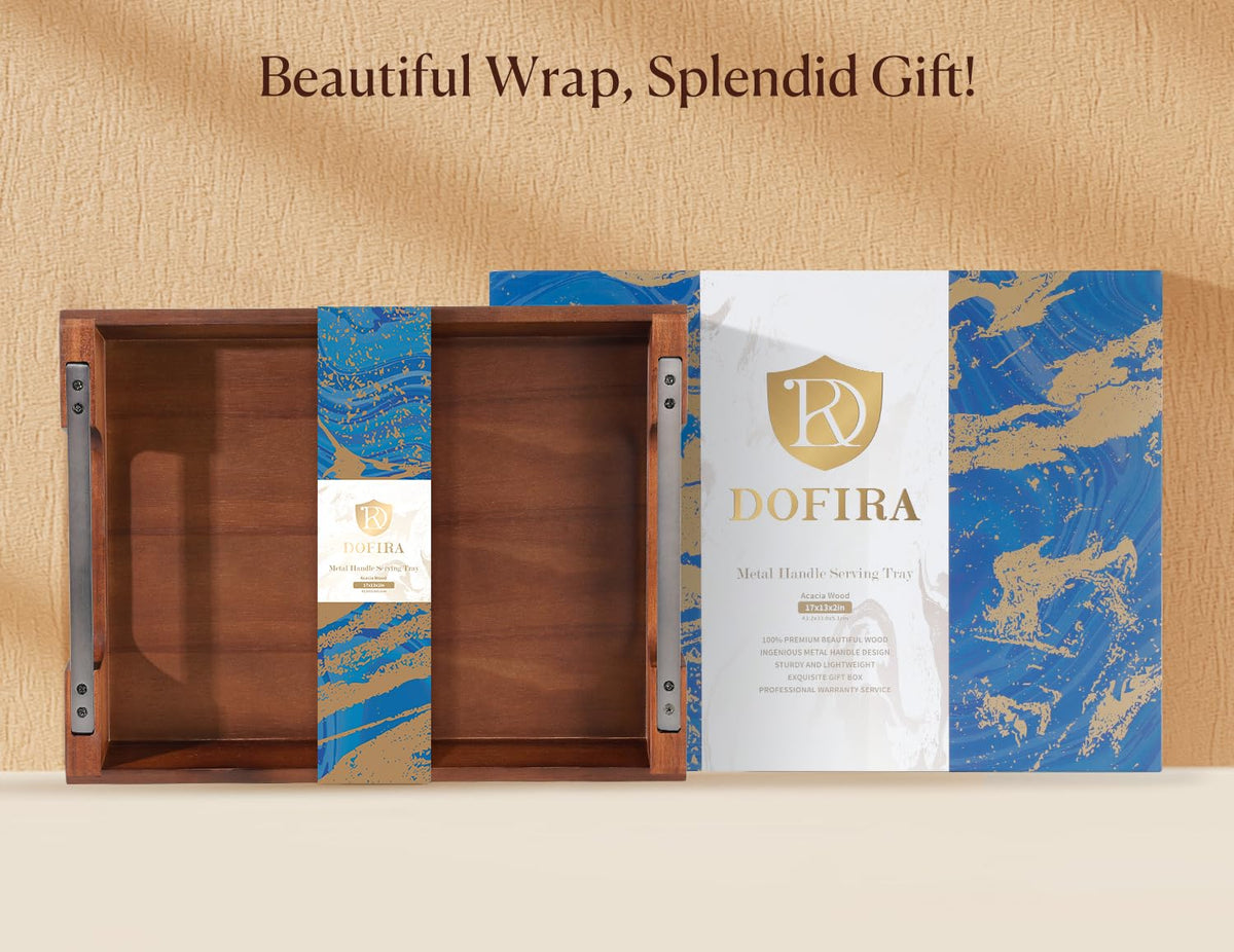 DOFIRA Acacia Wood Serving Tray with Metal Handle, 17x13in Tray for Ottoman