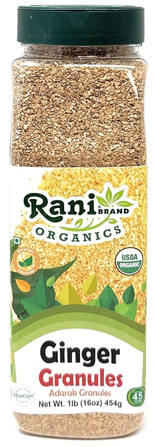 Rani Organic Granulated Ginger (Adarak Granules) 16oz (1lb) 454g PET Jar ~ All Natural | Gluten