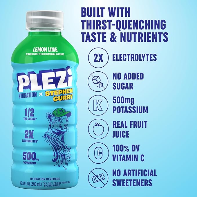 PLEZi Lemon Lime Hydration Drink x Stephen Curry - Sports Drinks with 2X Electrolytes - 500mg