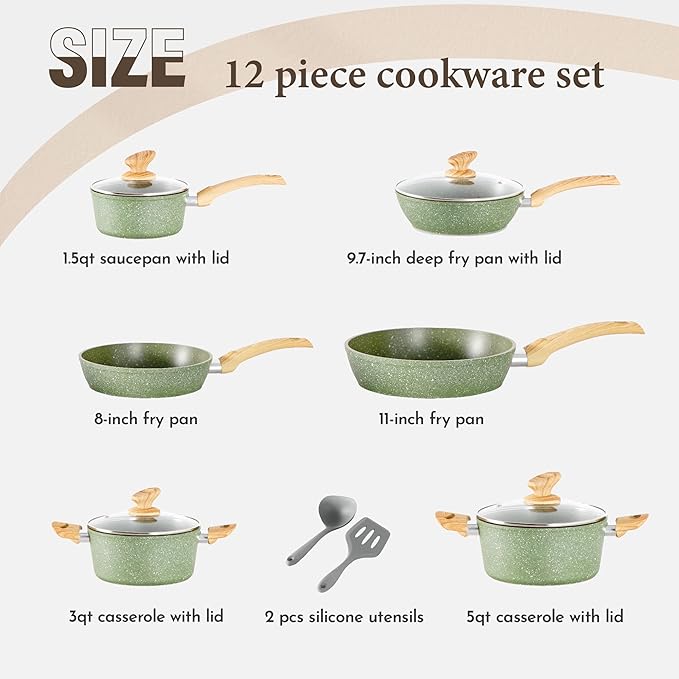 Kitchen Academy Non Toxic Pots and Pans Set Non Stick - 12 Piece Induction Cookware Sets, Green