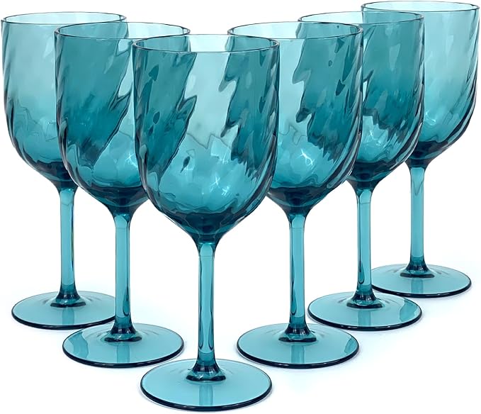 Yalin Set of 6 Unbreakable 15 oz Acrylic Plastic Wine and Water Tumbler Stackable Goblets. (Cyan