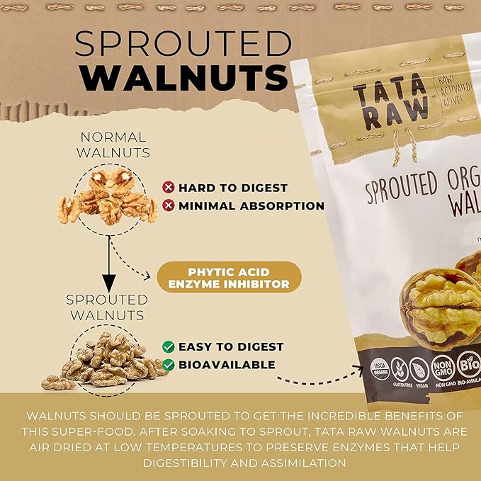 TATA RAW - Sprouted Organic Walnuts - PLAIN. Nothing added -1 lb. Soaked & Air dried SUPER QUALITY.