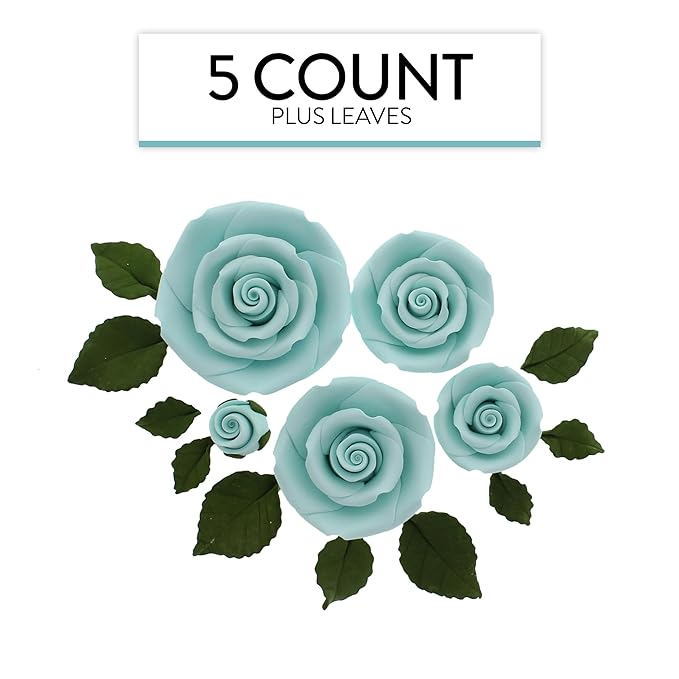 Global Sugar Art Exquisite Rose & Leaf Tray Sugar Cake Flowers, Blue Unwired, 5 Count by Chef Alan