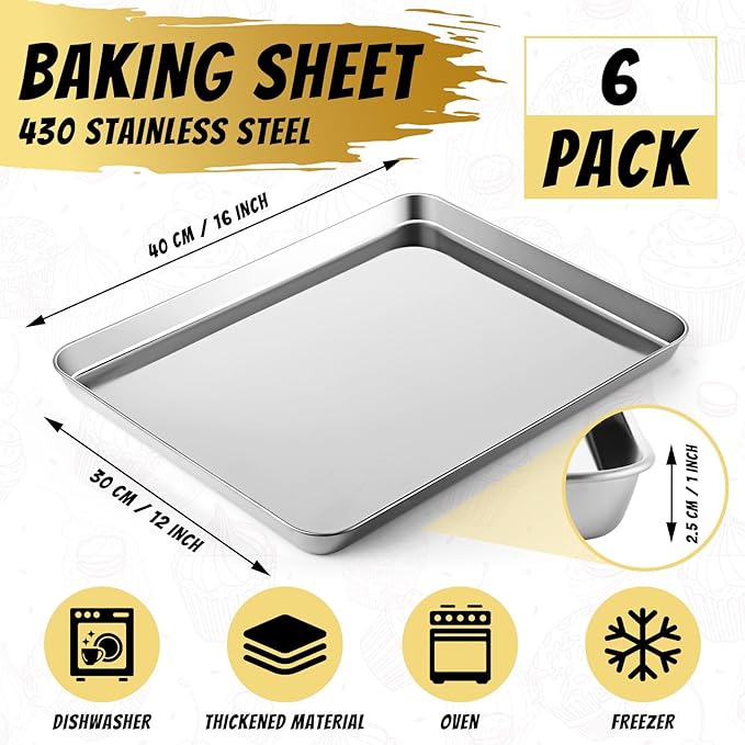 6 Pcs Baking Sheet Set Stainless Steel Cookie Sheet Cookie Baking Pan Bakeware Oven Tray Dishwasher