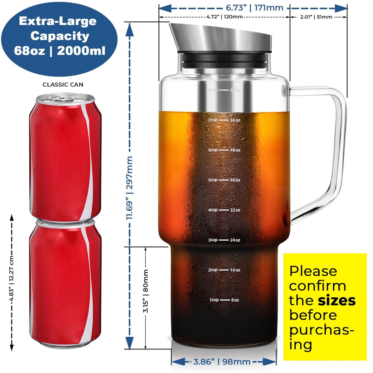 Aquach 68oz Cold Brew Coffee Maker, Borosilicate Glass Pitcher for Iced Tea