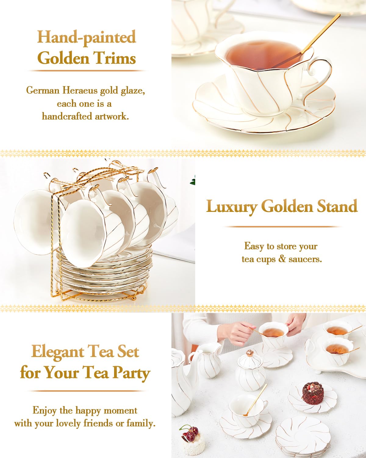DUJUST 22 pcs White Porcelain Tea Set for 6, Luxury British Style Tea/Coffee Cup Set with Golden