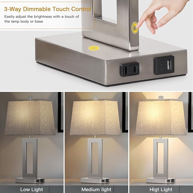 Touch Control Table Lamp Set of 2, Modern Silver Bedside Lamps with USB C+A Ports & AC Outlet, 3