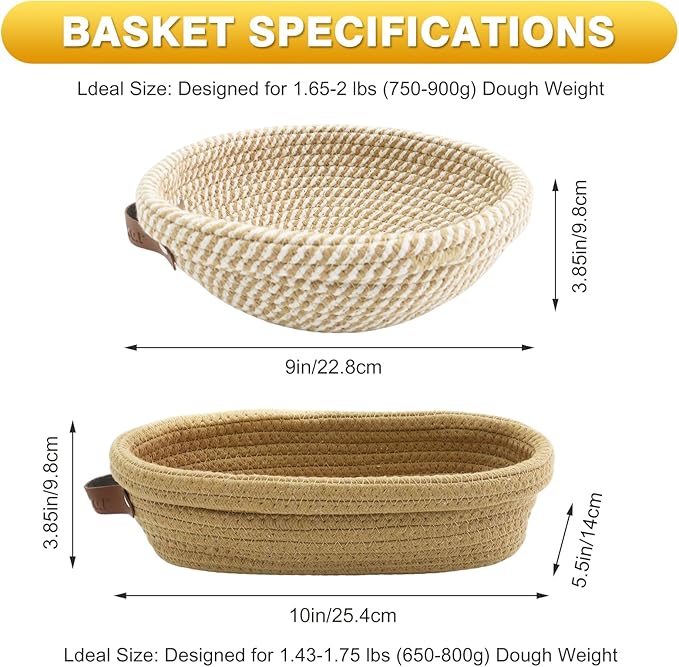 Banneton Bread Proofing Basket Set of 2, 9 10 11 inches Round & Oval Cotton Rope Sourdough Bread