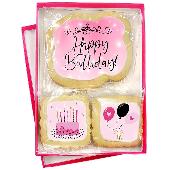 Happy Birthday Cookies 3 pack for Women Girls Teens Gift Basket For Her Mom | Pink Cookie Treats