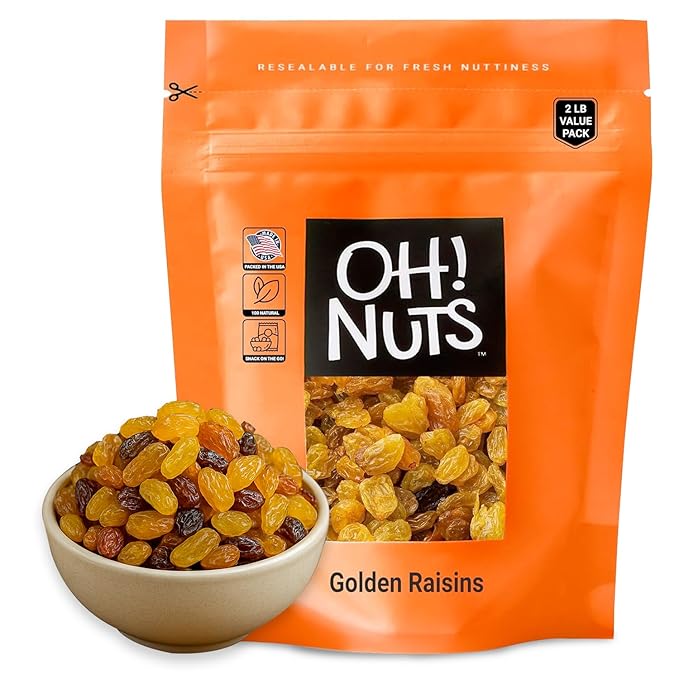 Oh! Nuts Golden Raisins - Sun Dried Fruit - 2 lb - No Sugar Added - Dehydrated Fruit Bites - Packed