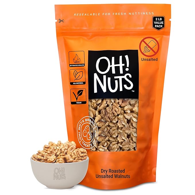 Oh! Nuts Walnuts - Dry Roasted Unsalted - 2 lb - Packed in New York Zip-Seal Bag for Exceptional