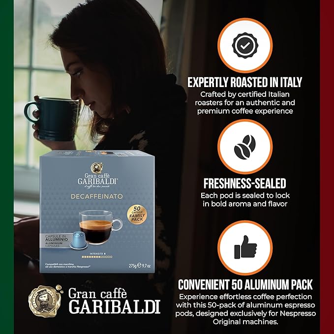 Gran Caffè Garibaldi Decaffeinated Espresso Pods, Italian Roasted Coffee, Decaf Capsules Compatible