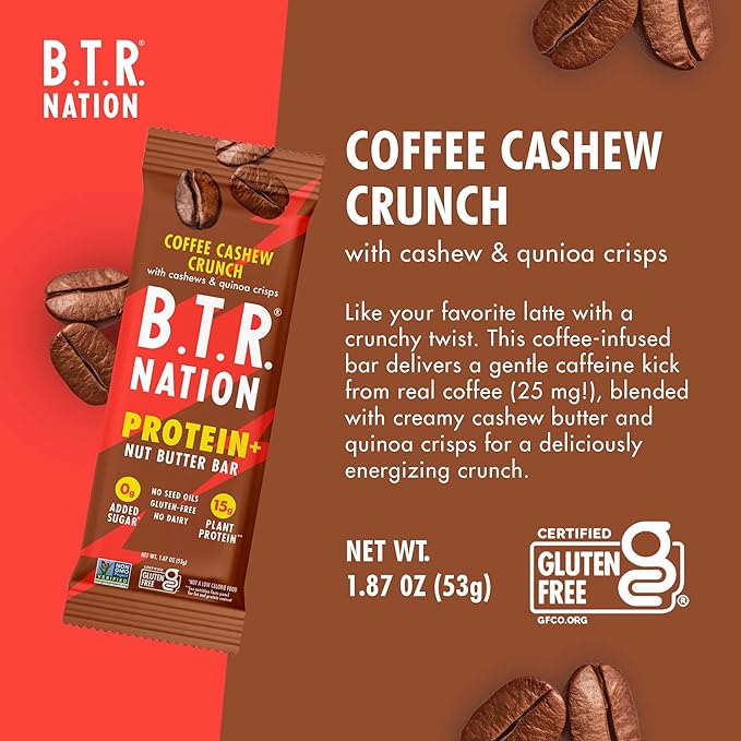 B.T.R. Nation Vegan Keto Plant Based High Protein & High Fiber Bars - Coffee Cashew Crunch Protein+
