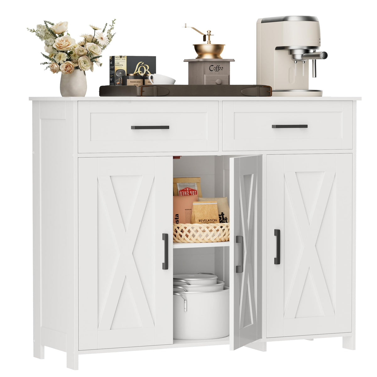 Homhedy Coffee Bar Storage Cabinet with Drawers, Kitchen Buffet Cabinet