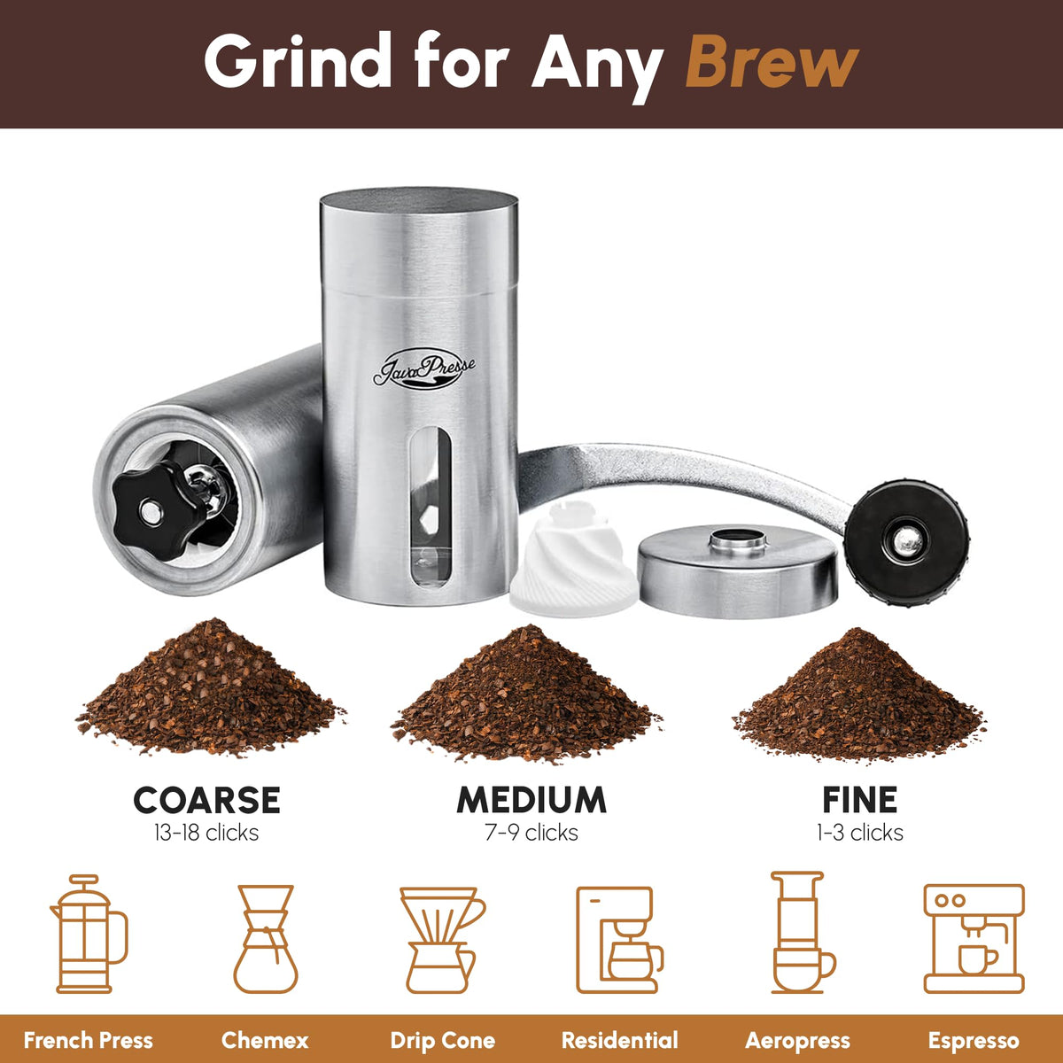 JavaPresse Manual Stainless Steel Coffee Grinder - 18 Adjustable Settings, Portable Conical Burr