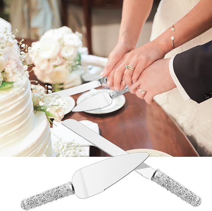 Wedding Silver Cake Knife and Server Set - 2 Pcs Dessert Set Metal Handle with Crystal Stones