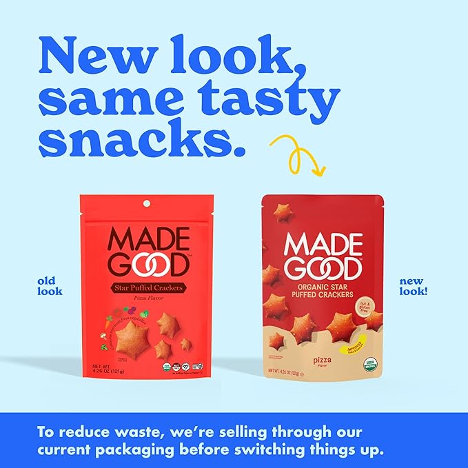 MadeGood Star Puffed Crackers, Pizza, 6 Bags (4.26oz Each) Gluten Free and Organic, Healthy Snacks