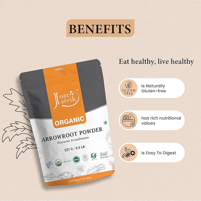 Just Jaivik USDA Certified Organic Arrowroot Powder - Gluten Free, Non GMO, Vegan Friendly, Natural