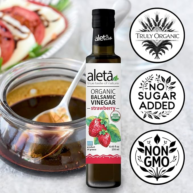 Aleta Farms Balsamic Vinegar, Greek Organic Strawberry Infused Aged Balsamic Vinegar, USDA Organic