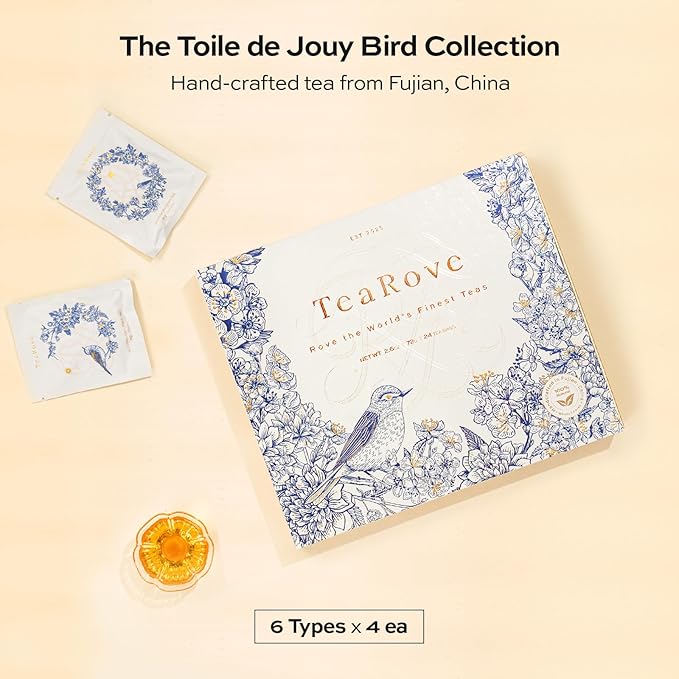 TeaRove Assorted Tea Gift Box - Toile de Jouy Bird Collection, Chinese Whole-Leaf Tea Smapler