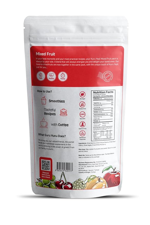 GURU HUNU Dried Fruit Mix, From Mediterranean, Healthy Snacks, No Sugar Added, Chemical Free, Diced