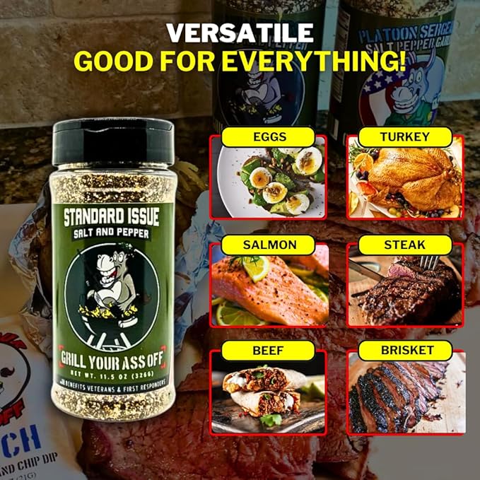 Standard Issue Salt & Pepper by Grill Your As Off - Premium Gourmet Black Pepper & Salt Great for