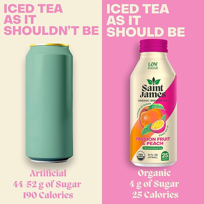 Saint James Iced Tea - Organic Green Tea - Non GMO, Gluten Free, Low Calorie & Low Sugar - Passion