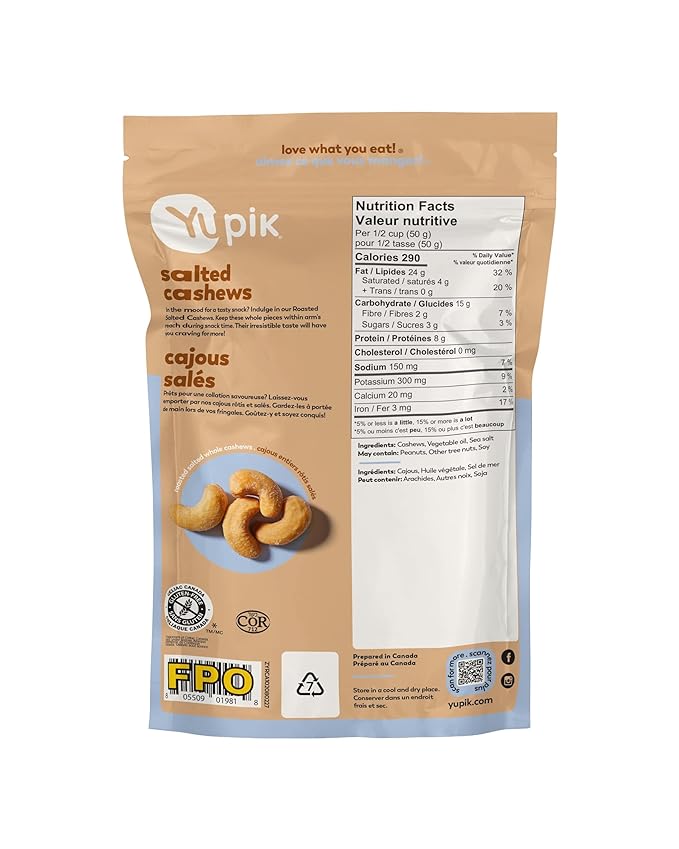 Yupik Roasted Salted Whole Cashews, 8 Oz, Gluten-Free, Kosher, Crunchy Cashews with Sea Salt