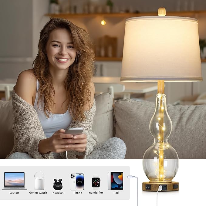 27.5" Clear Glass Table Lamp Set of 2 with Night Light,Bedside Lamps with USB Ports and AC Outlet