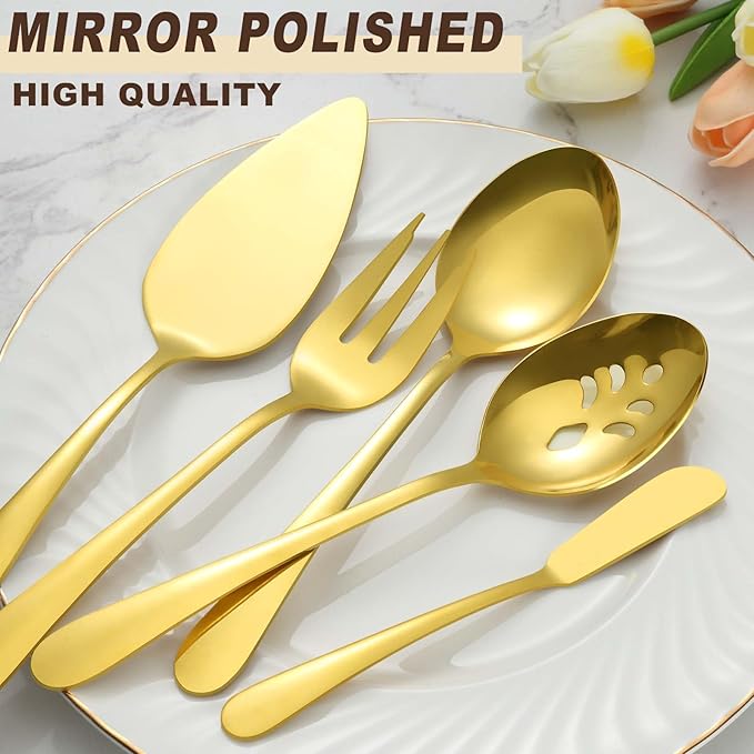 BEWOS Gold Serving Utensils, 20-Piece Serving Utensils set, Gold Serving Spoons, Slotted Spoons