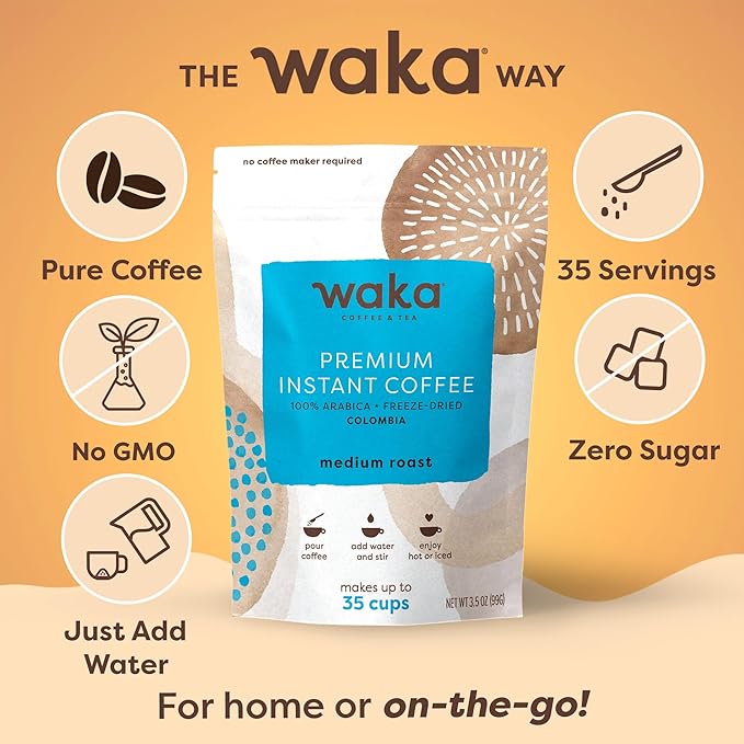 Waka Instant Coffee, Medium Roast - 100% Arabica Colombian Beans, Freeze Dried Granules, No Sugar