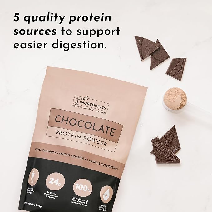 JUST INGREDIENTS Chocolate Protein Powder ??20-Serving Blend with 100% Grass-Fed Whey & Organic