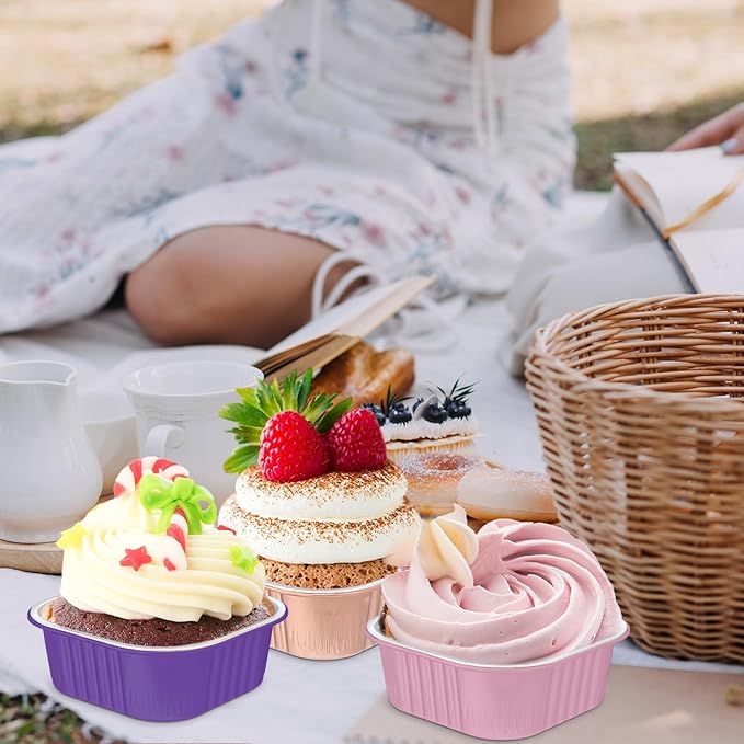 Aoriher 150 Pieces 10 oz Mini Cake Pans with Lids Aluminum Foil Baking Cups Square Disposable 4" x