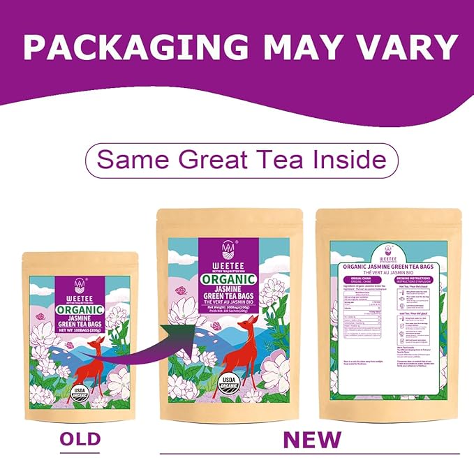 WT WEETEE Organic Jasmine Green Tea Bags, Organic Jasmine Scented Green Tea 100 Count, Refreshing &