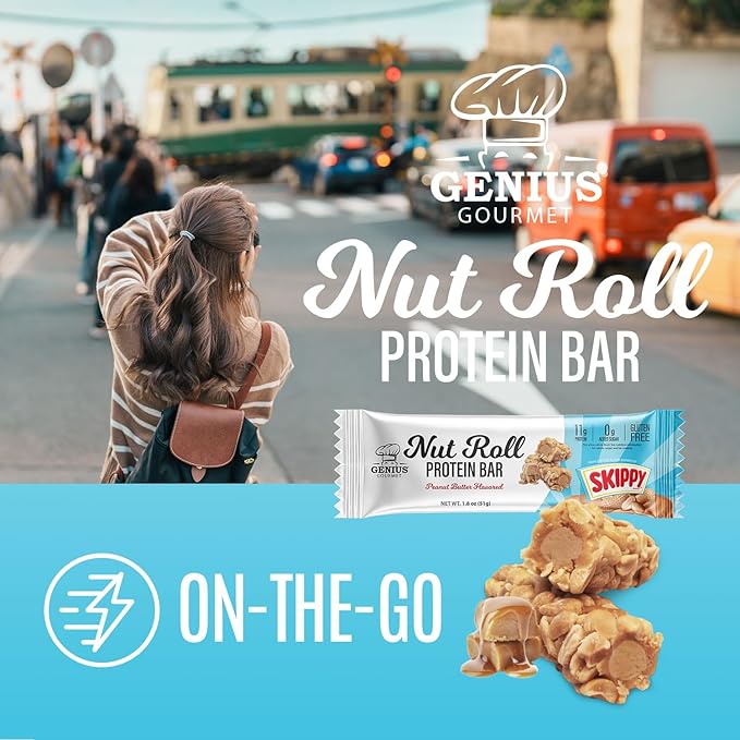 Genius Gourmet SKIPPY Peanut Butter Flavor Inspired Protein Nut Roll Bar,11g Protein per