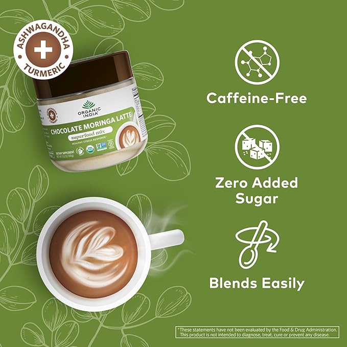 Organic India Chocolate Moringa Latte Powder - Superfood Mix, Moringa Leaf Tea, with Ashwagandha