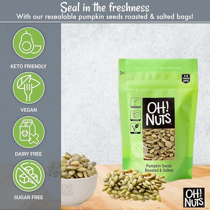 Oh! Nuts Pumpkin Seeds - Dry Roasted Salted - 2 lb - Shelled and Sprouted Pepitas - Packed in New