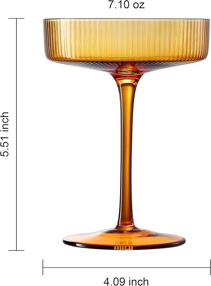 Khen Ribbed Vintage Art Deco Coupe Glasses - Martini, Champagne & Cocktail Ribbed Glasses 8oz |