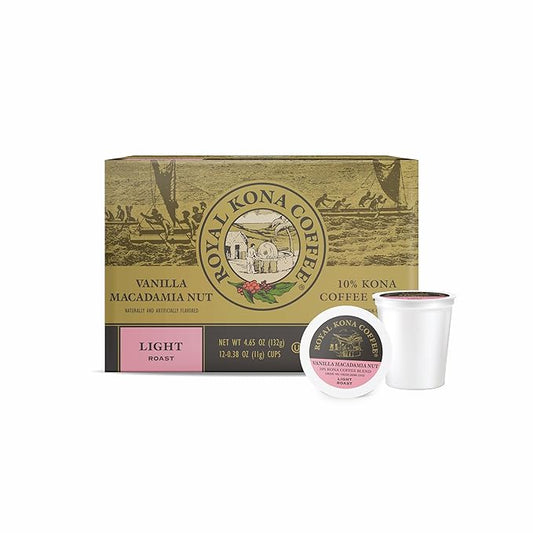Royal Kona Vanilla Macadamia Flavored, 10% Kona Coffee Blend, Light-Roast Single-Serve Coffee Pods