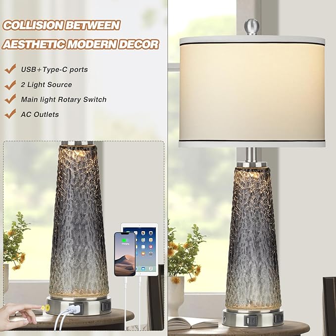 Glass Table Lamp Set of 2, 26" Modern Table Lamps with USB A+C Ports & AC Outlet, Touch Control