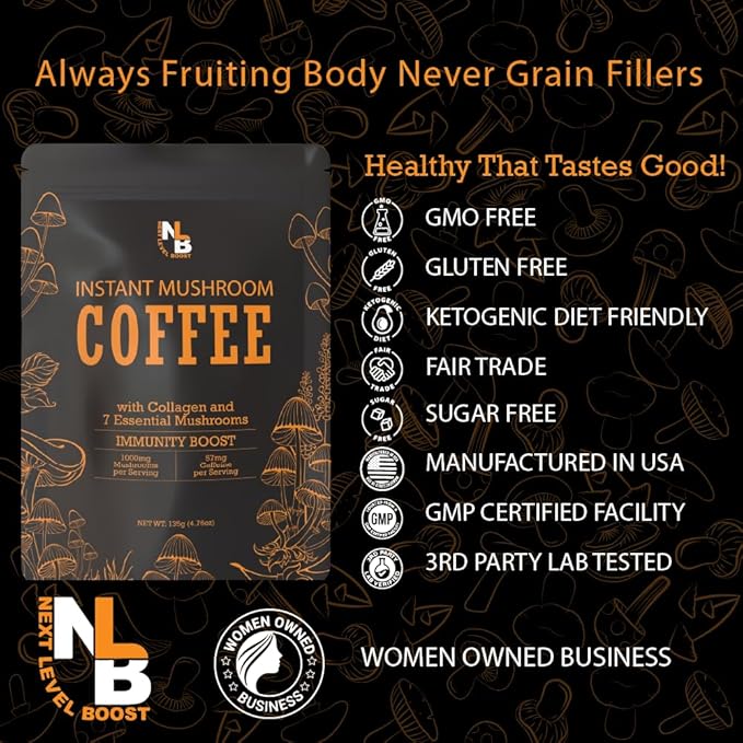 Immunity Boost Organic mushroom Instant Coffee - 10 x 9g Packets - Healthy Coffee alternative and