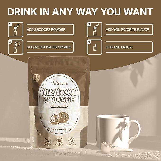 Veltracha Mushroom Chai Tea, Instant Chai Tea Powder with 6 Adaptogenic Mushrooms, Spiced Chai