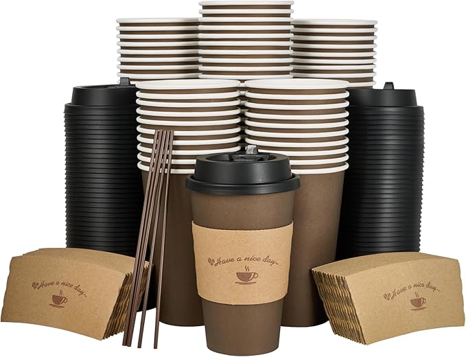 LITOPAK 100 Pack 16 oz Paper Coffee Cups, Brown Disposable Coffee Cups with Lids, Sleeves, Sticks