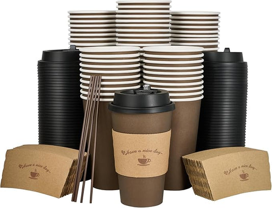 LITOPAK 100 Pack 16 oz Paper Coffee Cups, Brown Disposable Coffee Cups with Lids, Sleeves, Sticks
