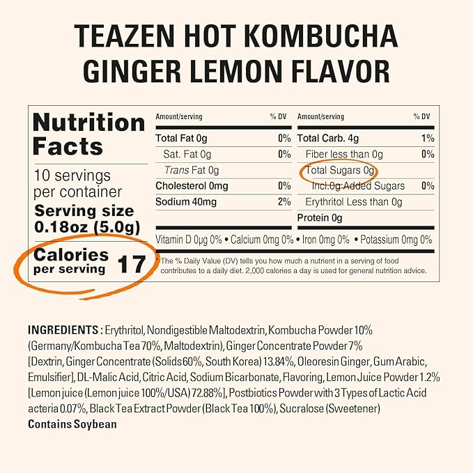 TEAZEN Lemon Ginger Hot Kombucha Tea, Spice Tea, Live Probiotics & Postbiotics, Relaxation and
