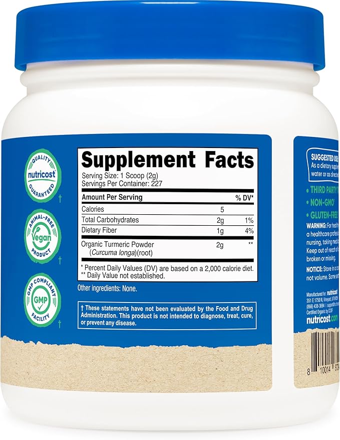 Nutricost Organic Turmeric Root Powder 1 LB (16oz) - Certified USDA Organic, Food Grade, Gluten